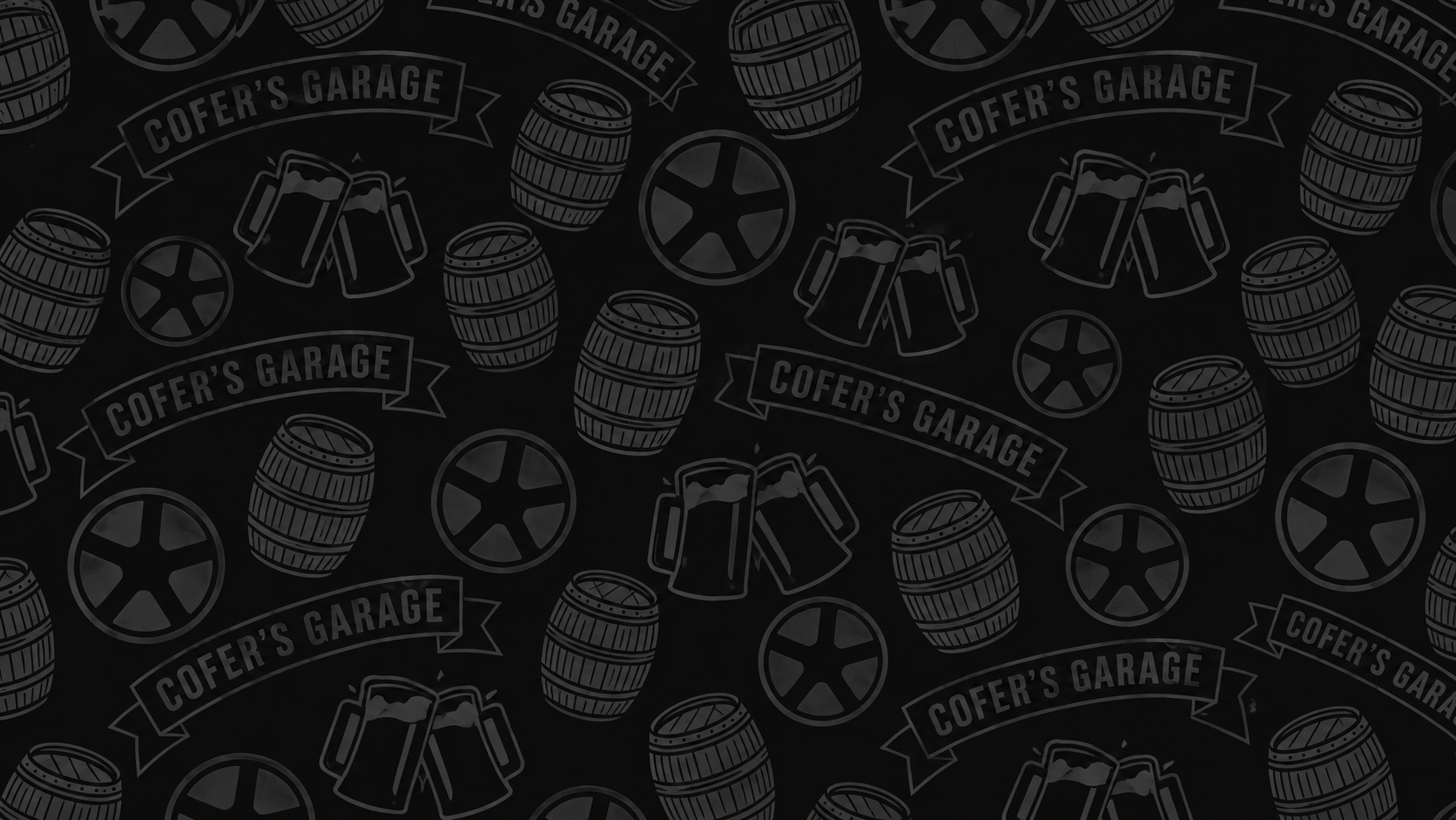 Repeating Cofer's Garage pattern of barrels, mugs, wheels, and banners on a dark background