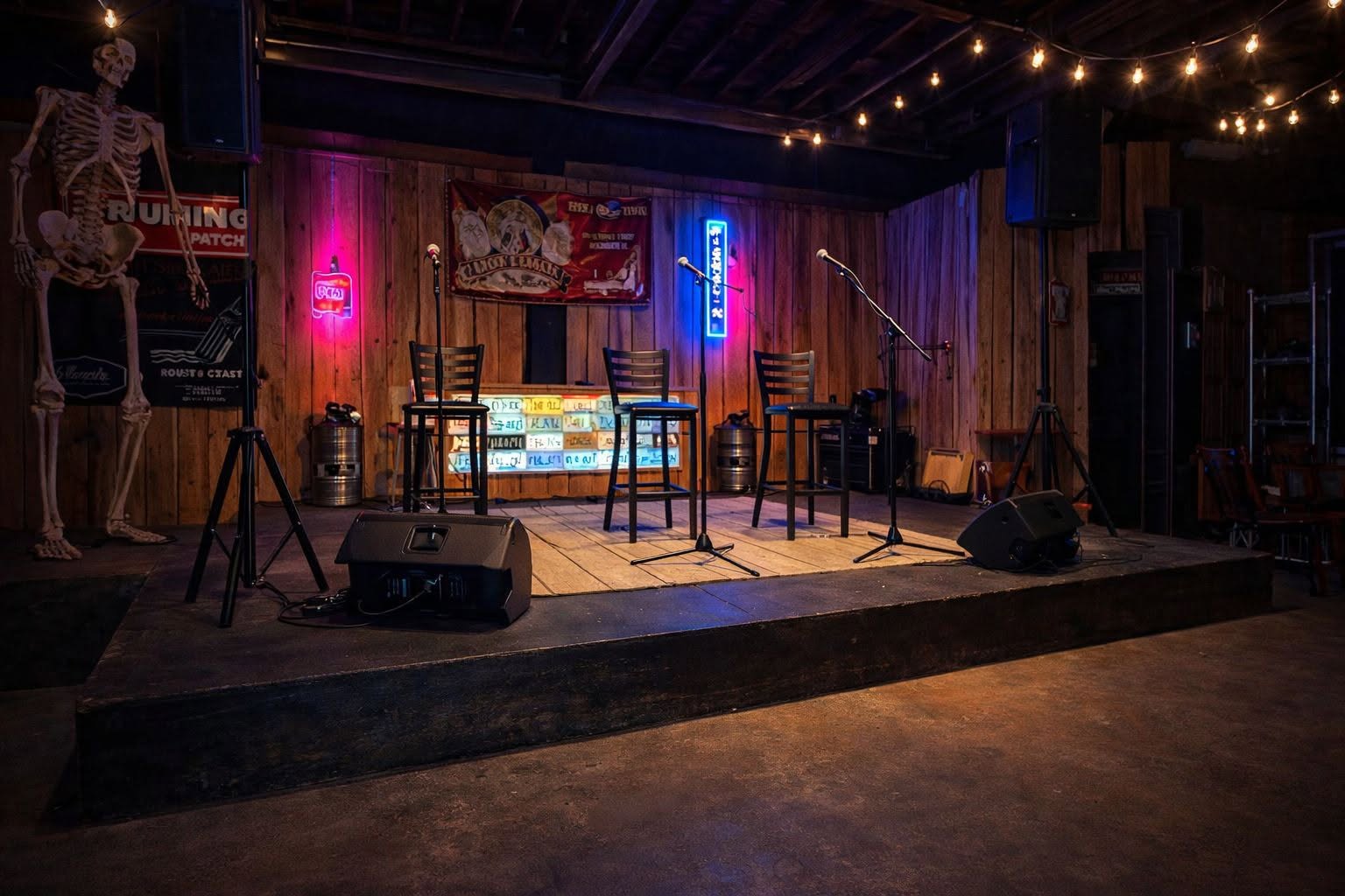 The stage at Cofer's Garage lit with neon signs, microphones and stools set up under string lights
