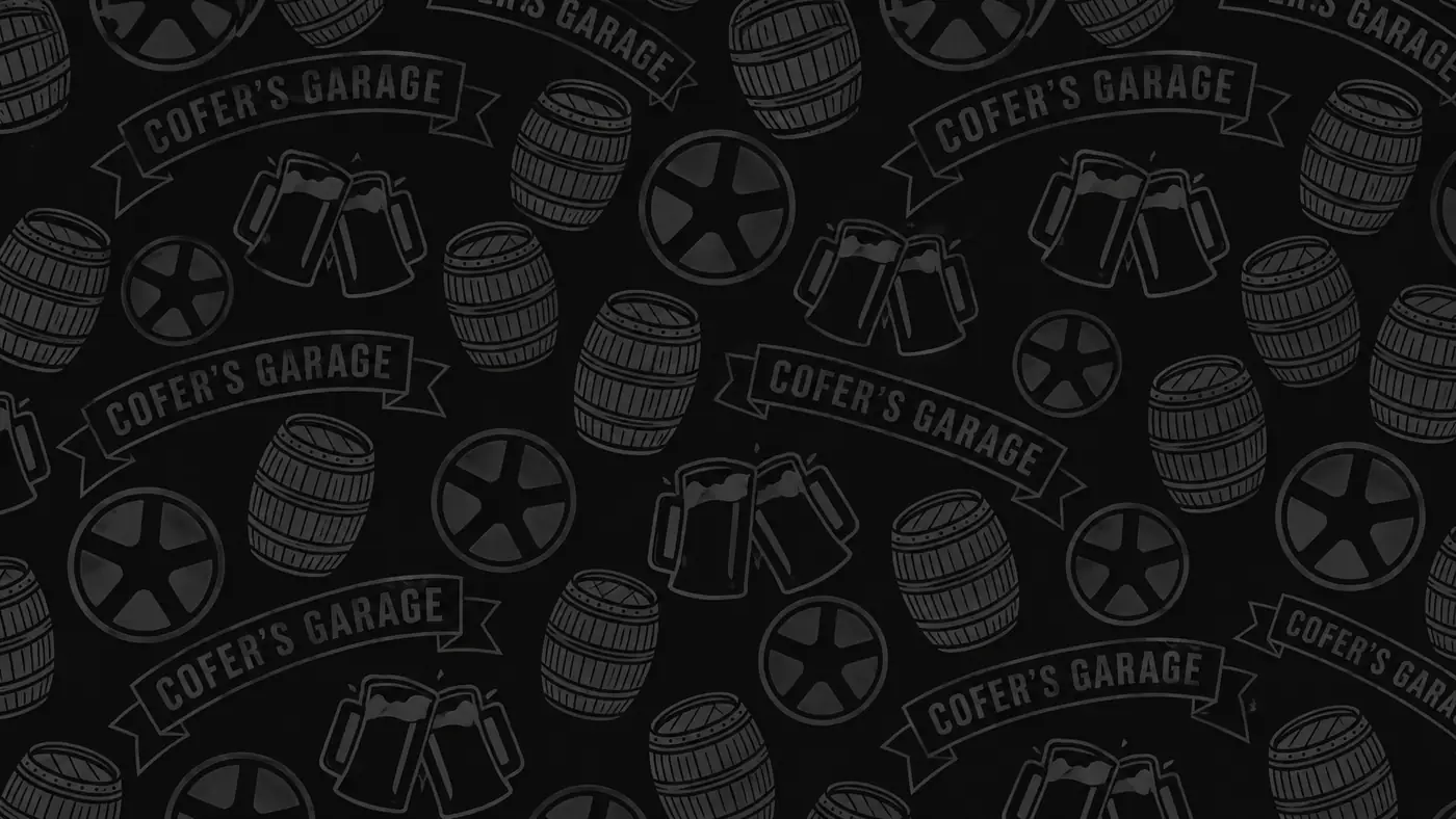 Repeating Cofer's Garage pattern of barrels, mugs, wheels, and banners on a dark background